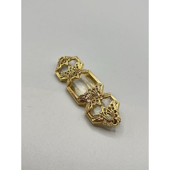 Vintage Intricate Gold Filigree Bar Pin Clear Acrylic Stones Classic Jewelry - Picture 7 of 8
